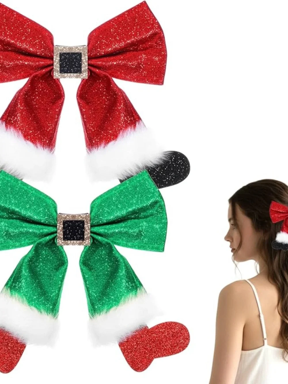 Christmas Glitter Bow Hair Clips Set of 2 Red Green Sequin Santa Holiday NWOT